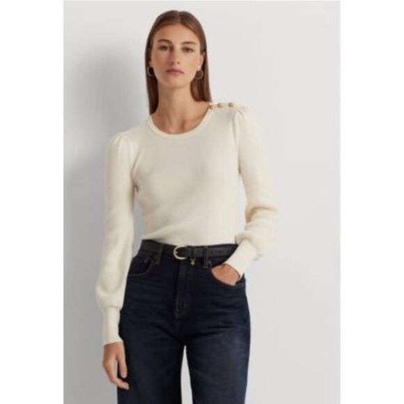 Lauren Ralph Lauren Sweater Womens XL Button Trim Ribbed Gold Ivory Puff Sleeve - Picture 1 of 7